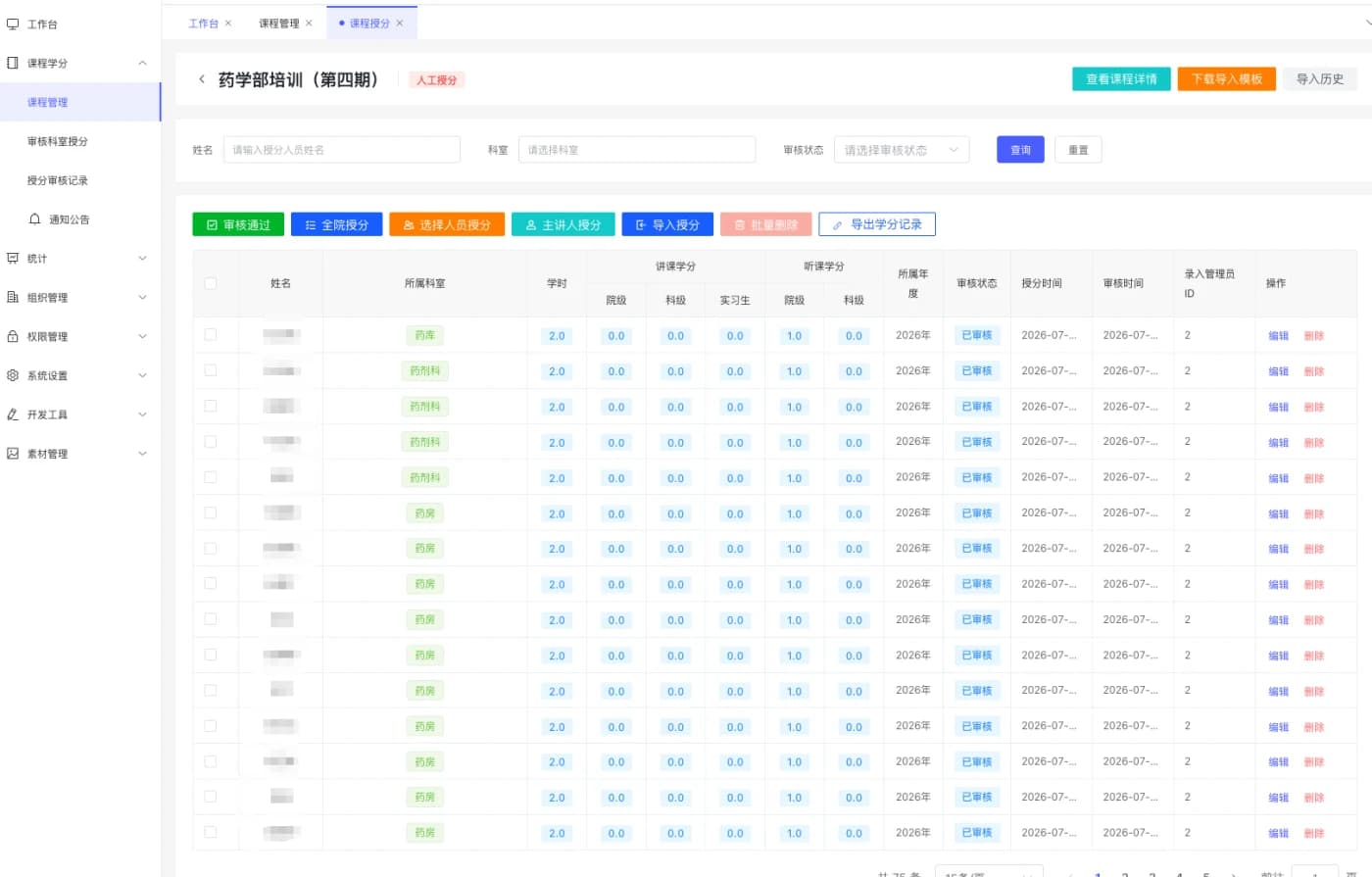 祥云县人民医院科教学分管理系统 - 管理端授分功能