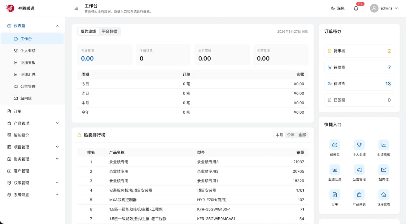 神骏暖通定制CRM - PC 工作台：经营数据 / 订单待办 / 热卖排行